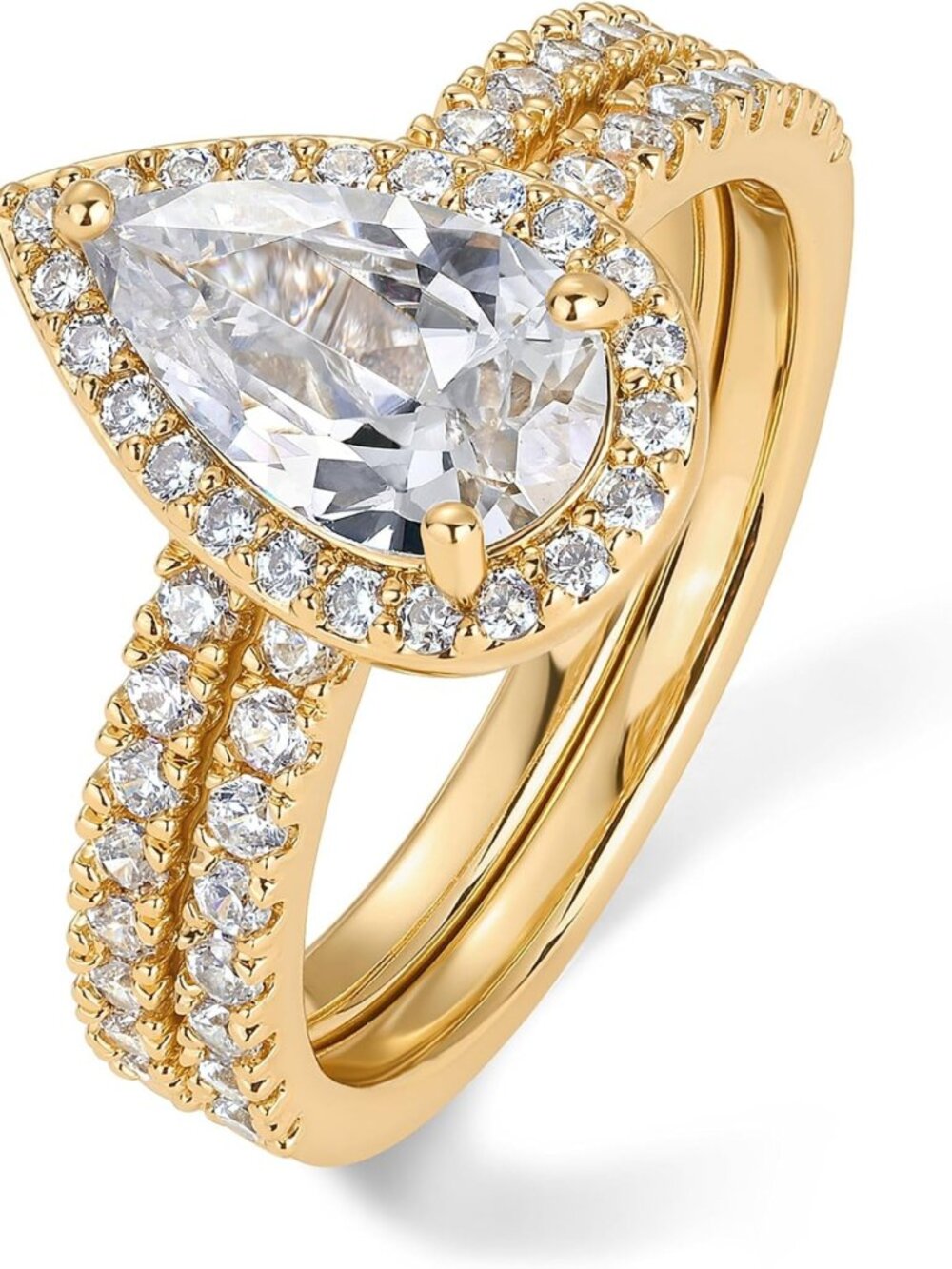 14K Gold Plated 1.7CT Pear Cubic Zirconia Eternity Engagement & Promise Ring Set